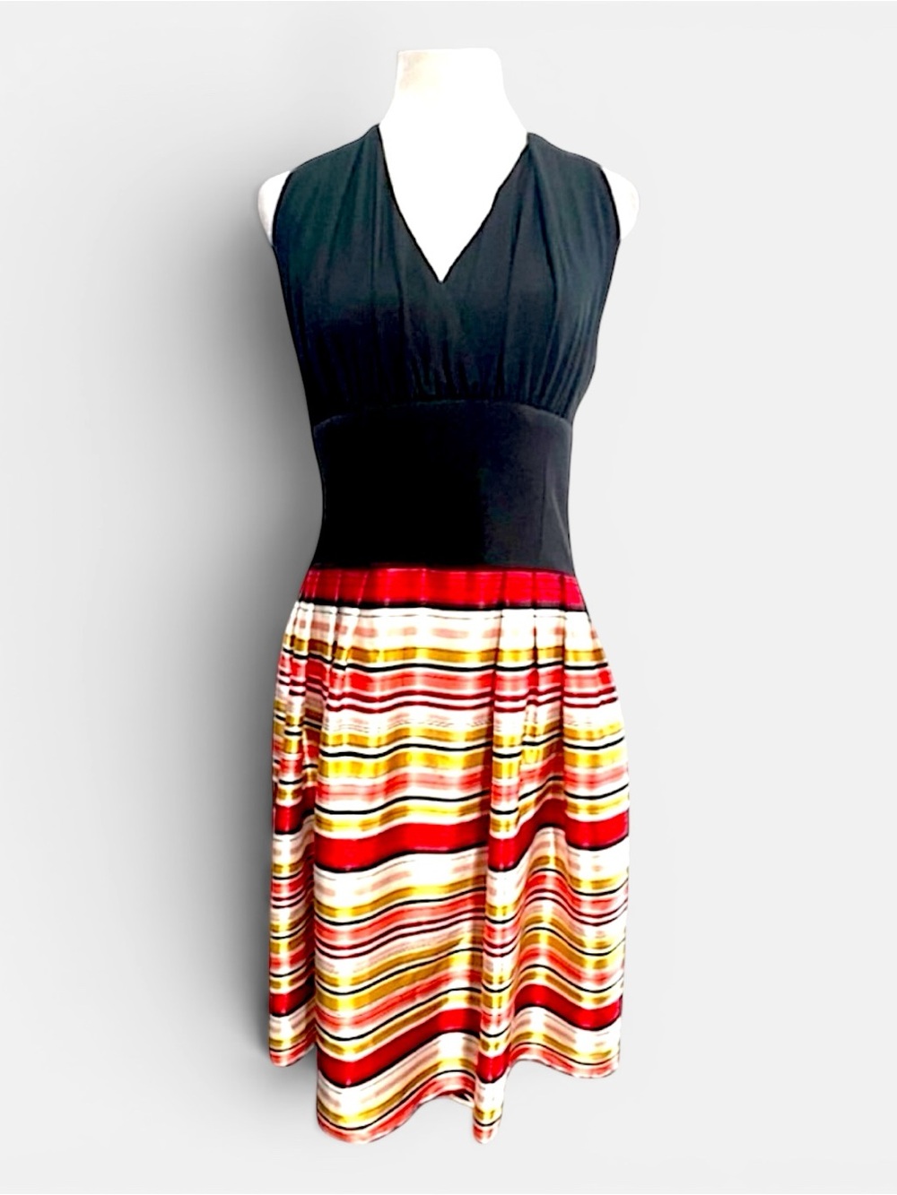 EVAN PICONE Vintage Black Silky Candy Stripe Skirt with Knit Bodice Dress SZ 8